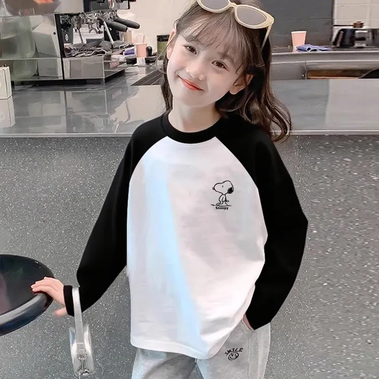 儿童卡通纯棉长袖T恤2025新款女童百搭上衣印花撞色打底衫设计感