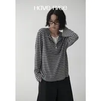 【MIU系学院假两件长袖 】 莱赛尔亚麻麻灰条纹假两件长袖T恤上衣
