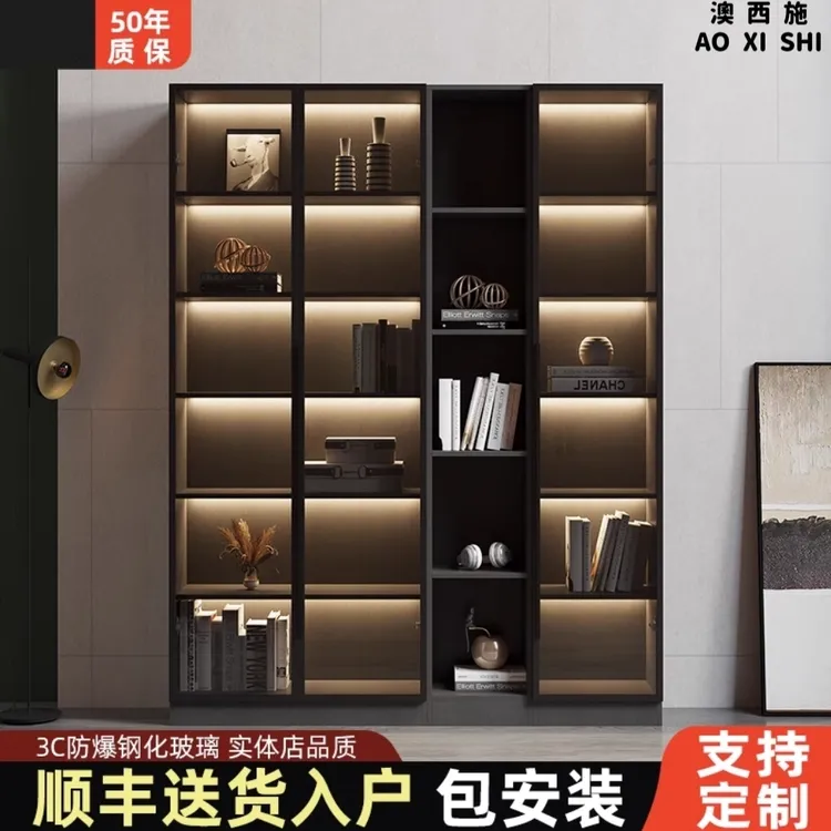 澳西施书柜带玻璃门展示酒柜客厅一体整墙到顶书架定制满墙手办柜