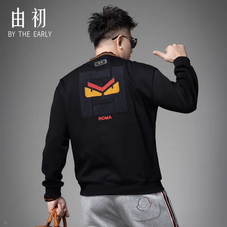 男士高端欧货时尚刺绣圆领卫衣2025新款秋季休闲长袖打底衫男上衣