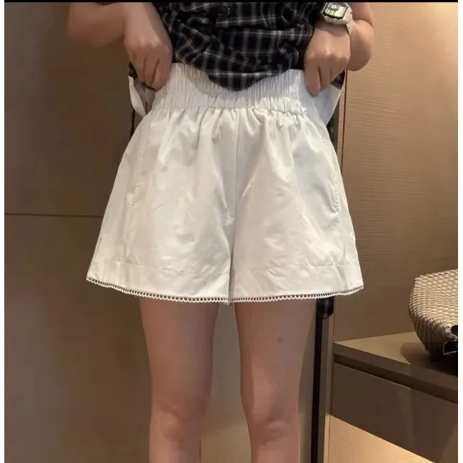 【纯棉-做过洗水-后期不缩水】松紧腰小花边女夏新款高腰阔腿短裤