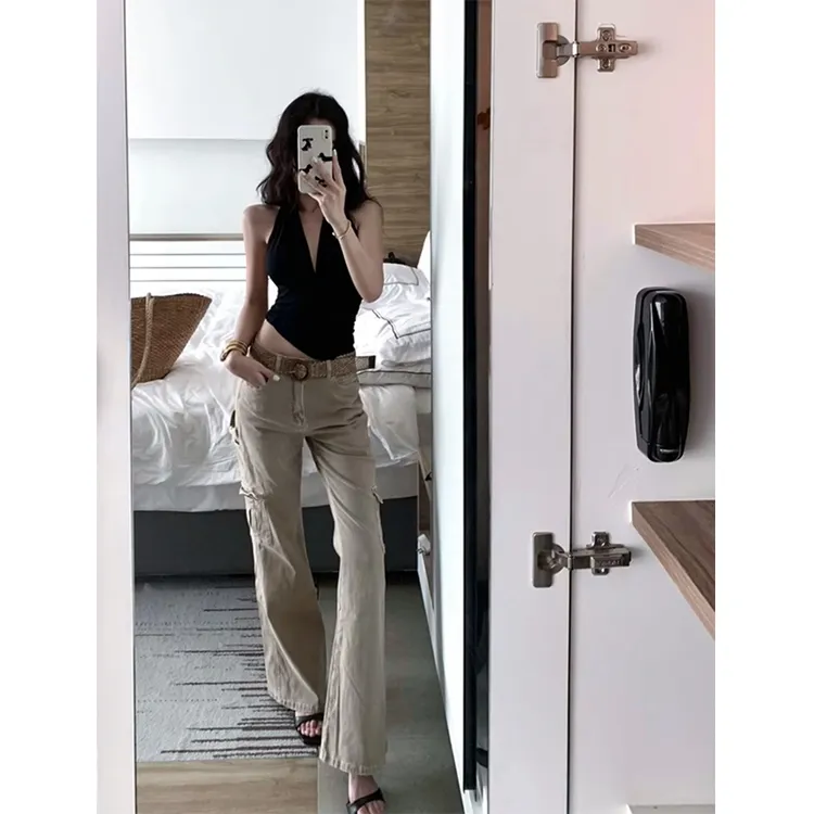 2025新款时尚性感性感辣妹风v领挂脖露背无袖背心高腰百搭休闲裤