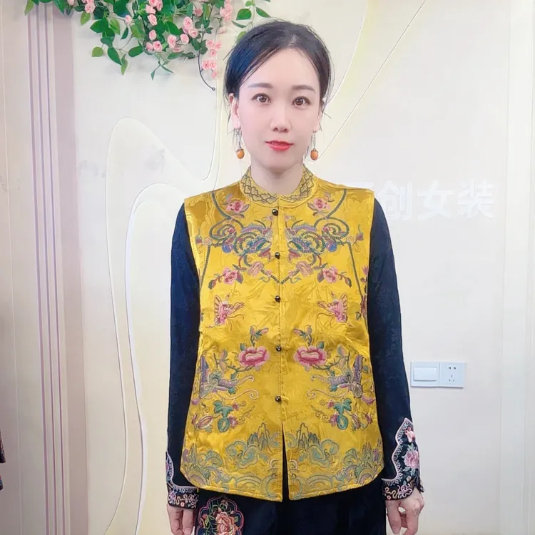 雪儿 新中式国风复古刺绣丝缎提花双面穿马夹2259