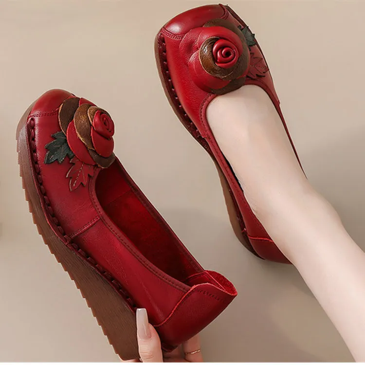 女鞋单鞋软底妈妈鞋平底浅口头层牛皮春秋舒适时尚休闲百搭方头