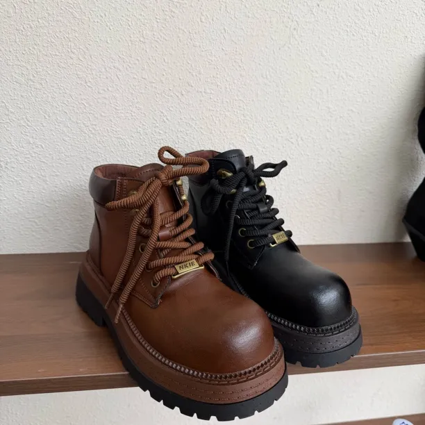 153复古大黄靴女厚底英伦风马丁靴百搭洋气女式短靴系带增高秋冬