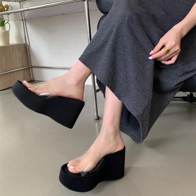 露趾厚底凉拖鞋超高跟粗跟凉鞋外穿夏季新款透明松糕一字拖