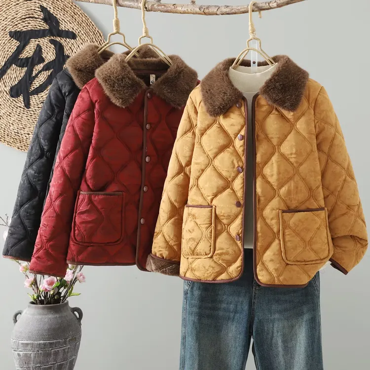 冬季新款加绒休闲时尚加厚翻领保暖棉服浮光锦缎妈妈棉袄外套516