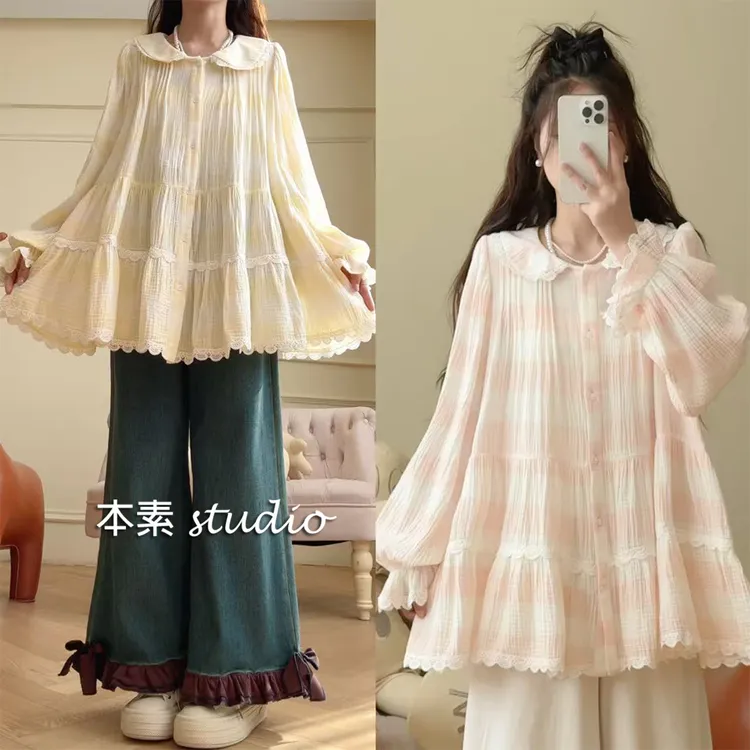 奶fufu-条纹Y2434-2条纹蕾丝边全开扣娃娃领长袖连衣裙