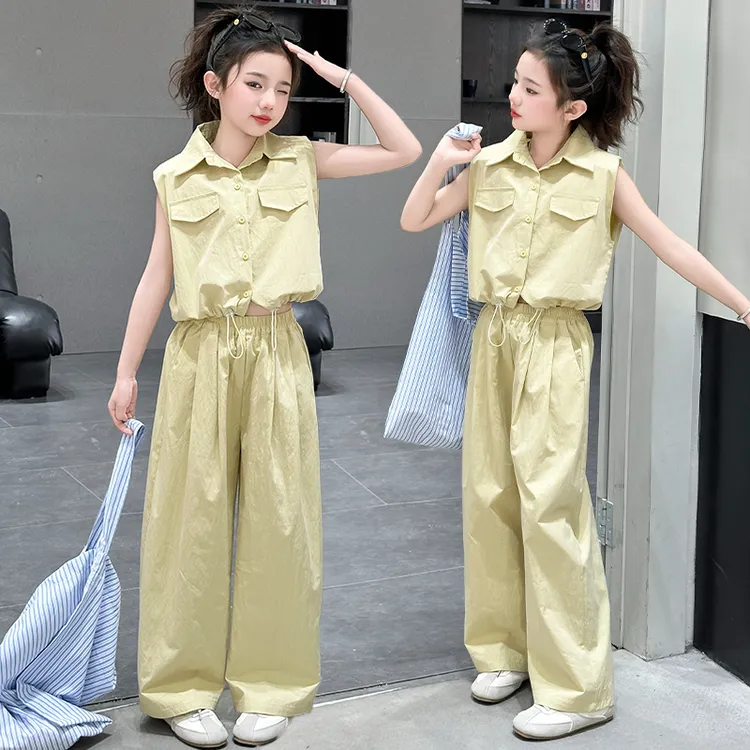 女童夏季休闲工装无袖套装2025新款中大童潮酷炸街时尚儿童两件套