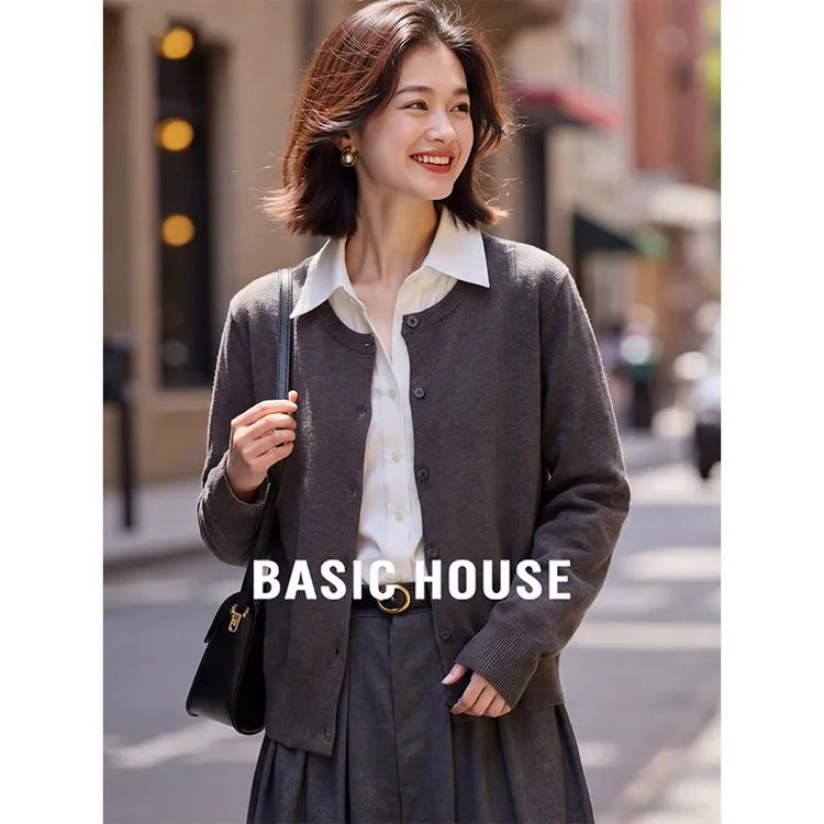 Basic House/百家好灰色长袖针织开衫简约圆领毛衣外套女2025冬季