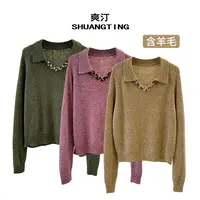 Jokara/丘可儿【初秋月】新中式针织毛衣斜襟刺绣套头宽松立领秋
