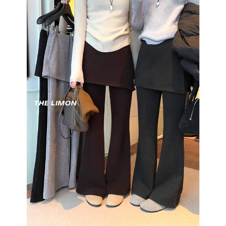 黑色假两件屁帘微喇叭裤女秋冬季加绒加厚高腰显瘦休闲马蹄拖地裤