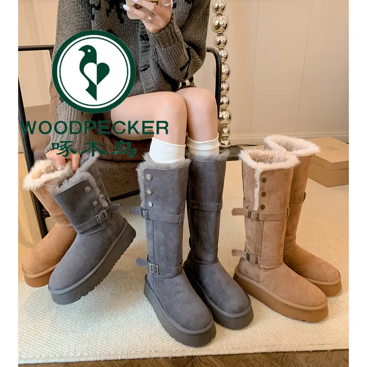 啄木鸟厚底雪地靴女冬季翻折长靴保暖加绒加厚东北棉鞋两穿长筒靴