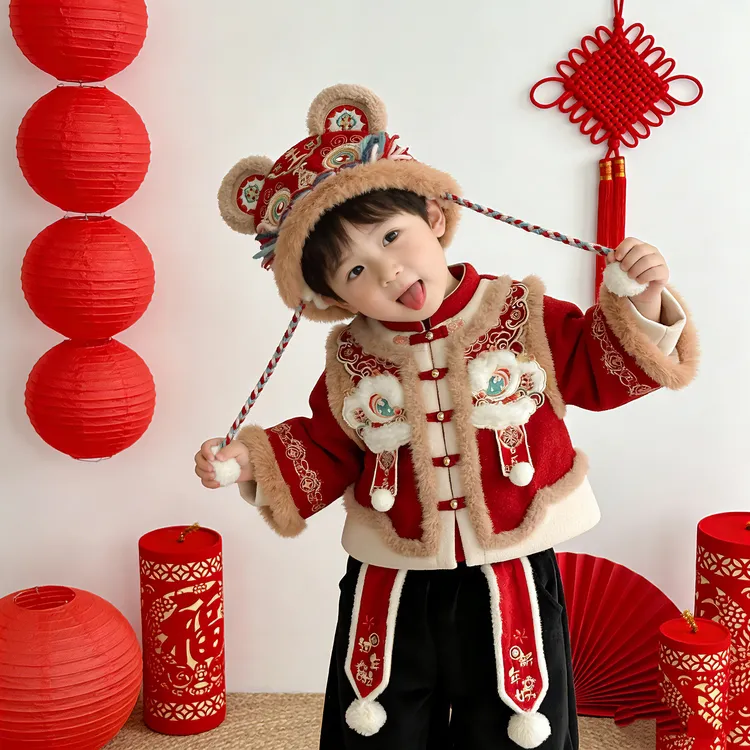 拜年服男童喜庆红色周岁礼服2026年新款夹棉加厚汉服男宝宝新年新
