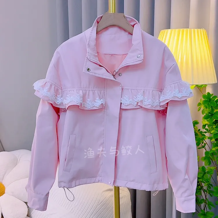休闲拼接夹克外套蕾丝花边宽松韩系上衣外套夹克2025春秋女士新款