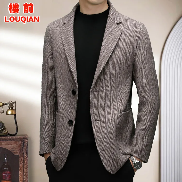 2025秋冬新款羊毛西服中年男士休闲双面呢大衣人字纹修身毛呢外套