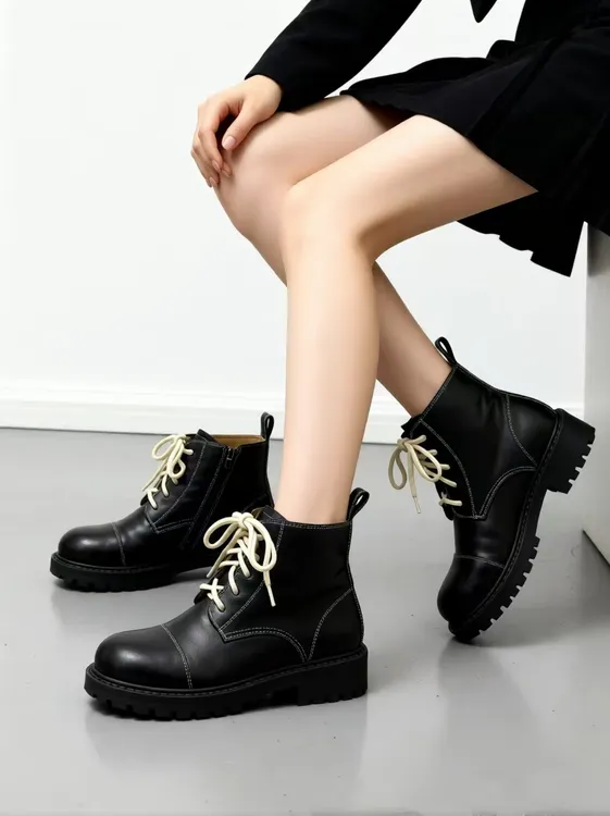 秋冬季厚底加绒短靴系带韩版圆头时尚英伦风休闲百搭女靴防滑女鞋