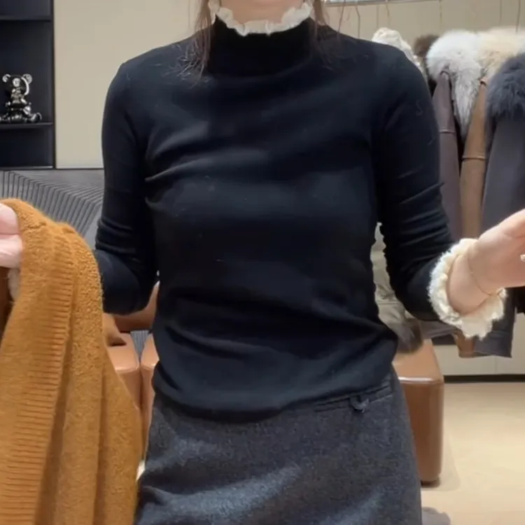 新款蕾丝拼接加绒百搭半高领打底T恤LK2509387