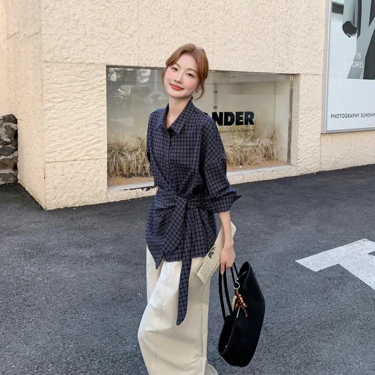 设计感系带收腰格子衬衫阔腿裤2025春秋新款小众韩系老钱风套装裤