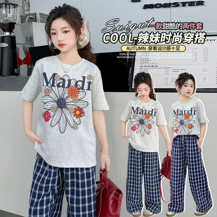 女童夏装格子裤套装2025新款中大童韩版洋气印花T恤长裤两件套潮