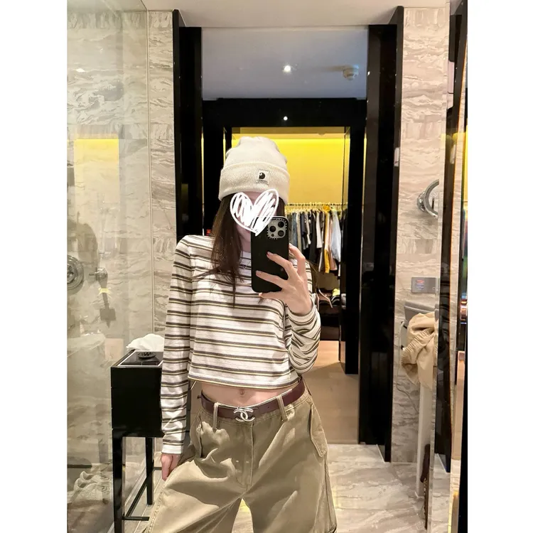 撞色条纹短款长袖T恤女早秋新款正肩圆领休闲宽松百搭上衣#Y8222