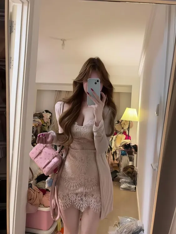 【晓晓专属】【蜜桃恋人】纯欲蕾丝拼接吊带连衣裙长袖针织开衫修身短裙两件套