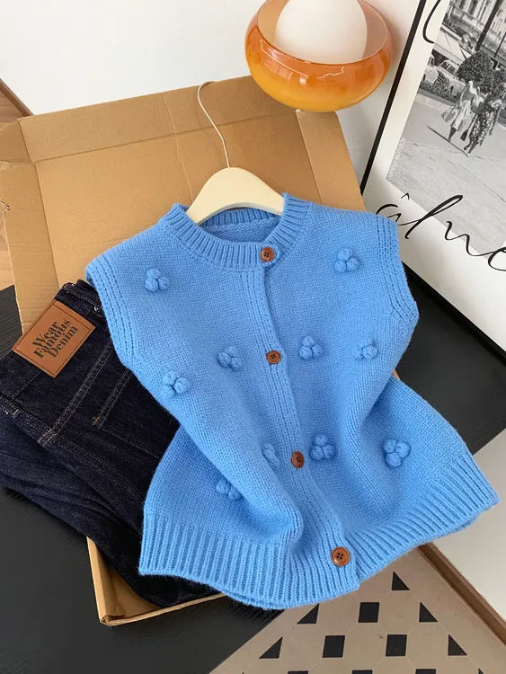 韩系高级感蓝色立体毛球针织马甲女秋季时尚气质叠穿无袖背心上衣