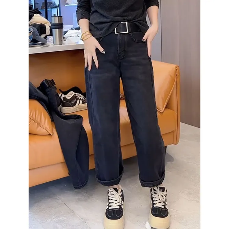 秋冬季2025新款加绒保暖厚款牛仔裤子女小个子大码宽松显瘦法棍裤
