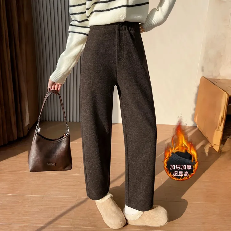 毛呢直筒裤女秋冬季高腰加绒九分裤加厚宽松显瘦小个子裤子休闲裤