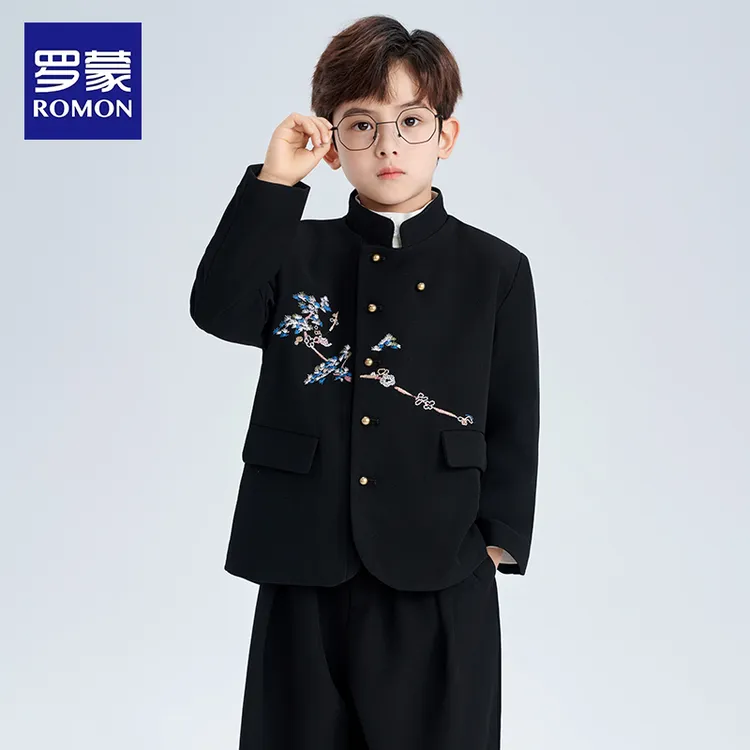 罗蒙儿童新中式西装套装男童唐装礼服国风复古中山装潮男孩演出服