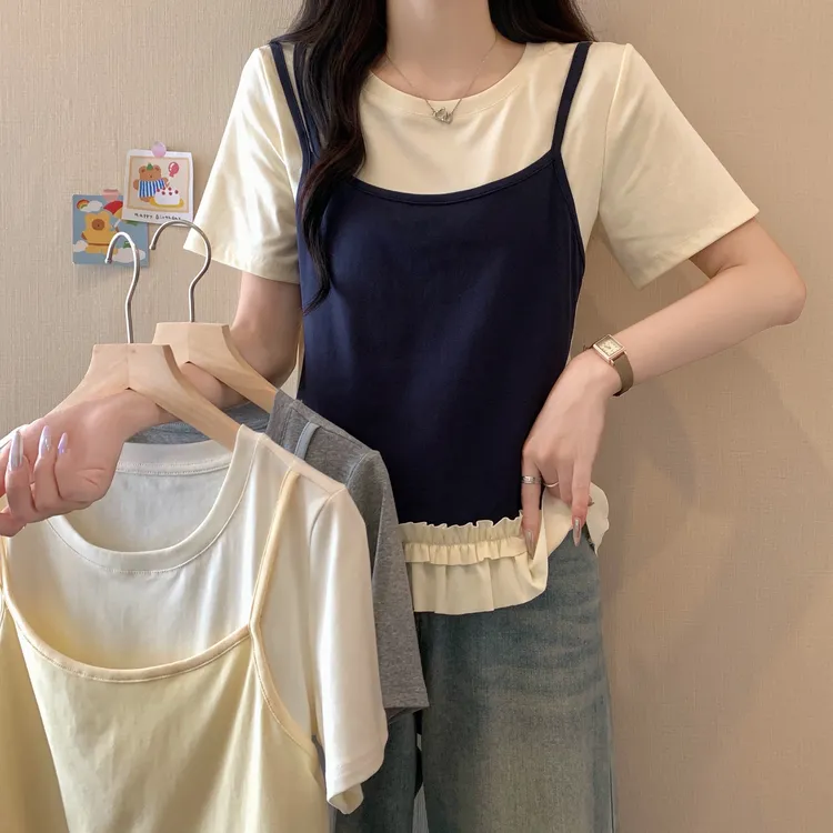 2025大码女装胖mm百搭夏季新款设计感短袖假两件吊带拼接T恤女