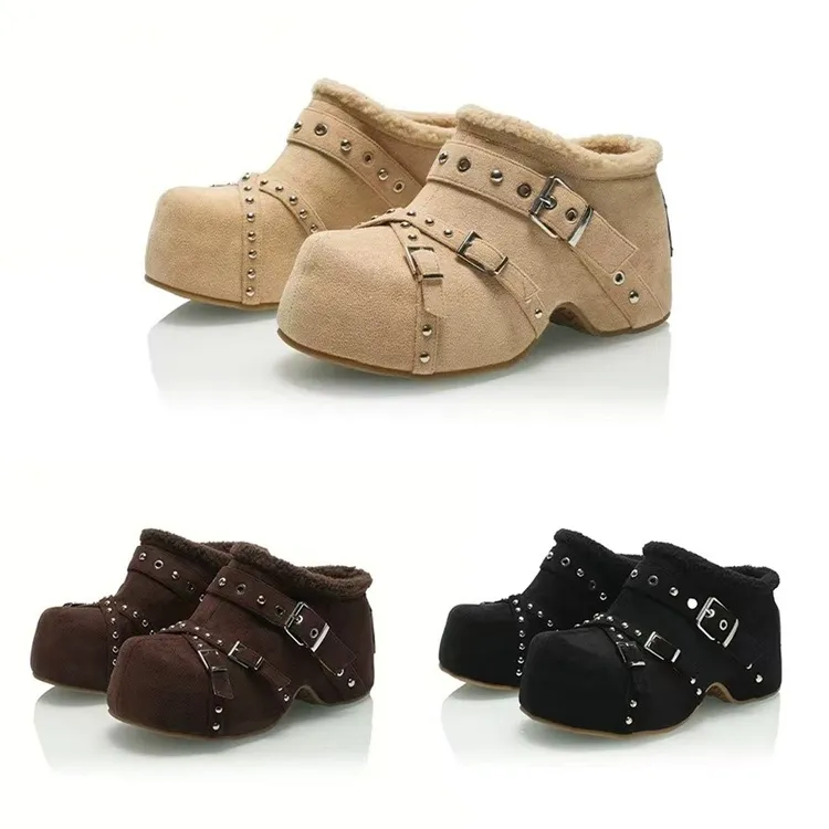 铆钉双扣带包头拖鞋女2025冬季新款小个子厚底一脚蹬懒人鞋毛毛鞋