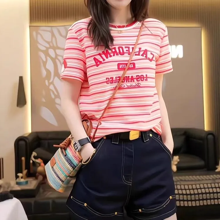 字母条纹短袖T恤女夏季薄款胖MM大码女装宽松设计感撞色圆领上衣