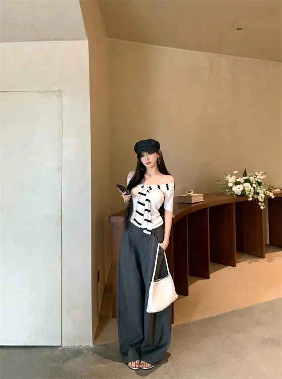 纯欲辣妹一字领针织修身绑带上衣夏季高腰阔腿长裤22698#套装裤子