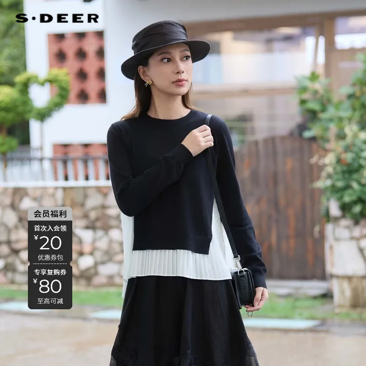 S·DEER圣迪奥女装时尚休闲罗纹圆领压褶拼接蕾丝针织衫S24383508