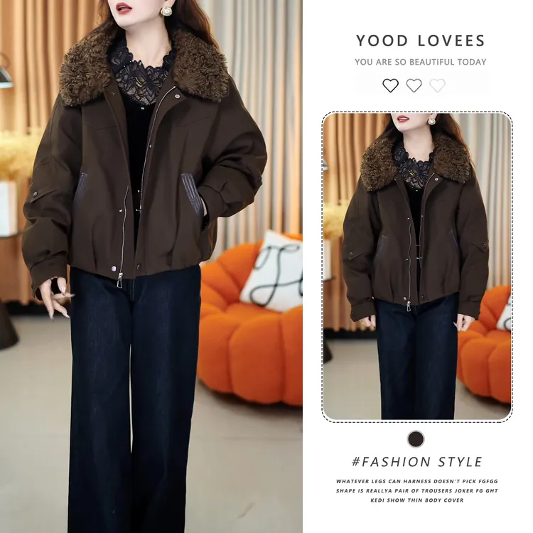 韩版短款洋气拼接翻领毛毛棉服女2025秋冬新款高级感加厚拉链外套