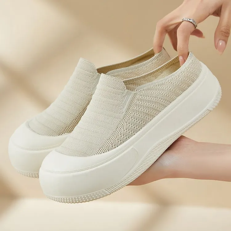 2025春夏季新款厚底软底飞织平底网面透气时尚休闲风妈妈鞋半拖鞋