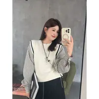 晶咕佳佳【条纹奏章】袖子条纹拼接圆领长袖针织衫时尚百搭宽松韩版