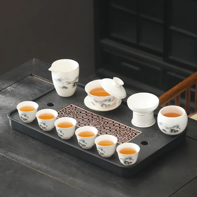 风生水起悬停盖碗白瓷功夫茶具套装高端全套办公室家用整套泡茶盘