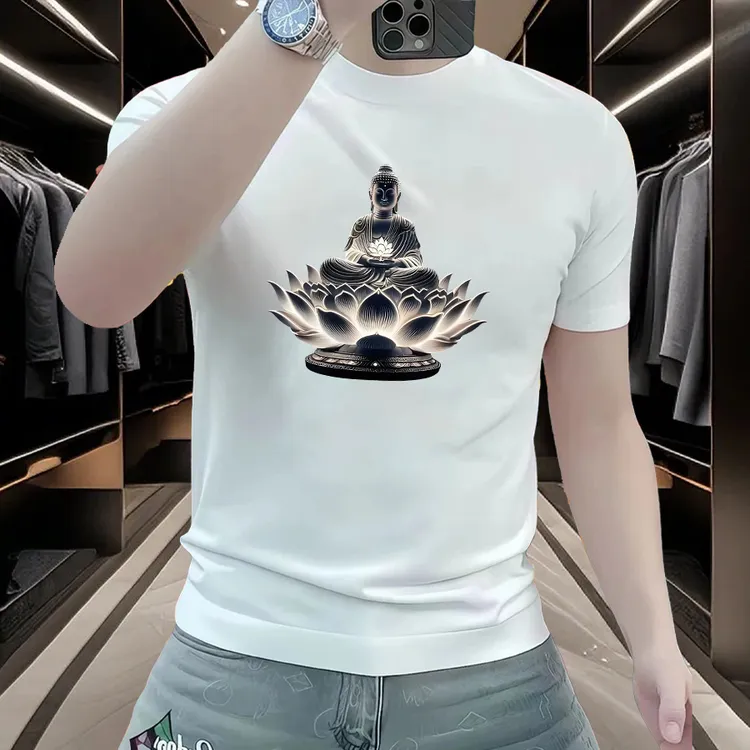 2025新款潮流时尚休闲个性百搭重磅纯棉短袖T恤上衣夏  莲座佛光