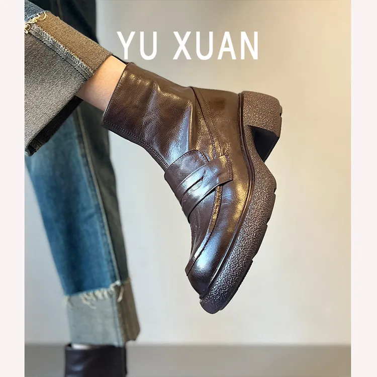 羊皮版~圆头厚底短靴女小个子增高休闲时尚短靴真皮通勤马丁靴子