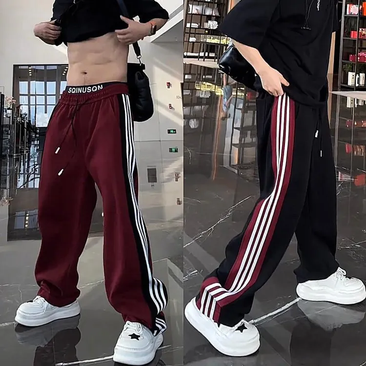 HKYC秋季新款美式潮牌侧边条纹直筒裤男士百搭运动宽松阔腿休闲裤