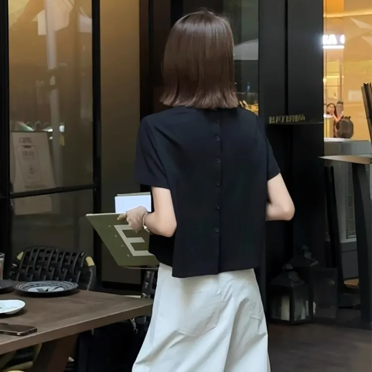 夏季新款小众设计后背扣子短袖T恤女装网红洋气上衣独特漂亮小衫