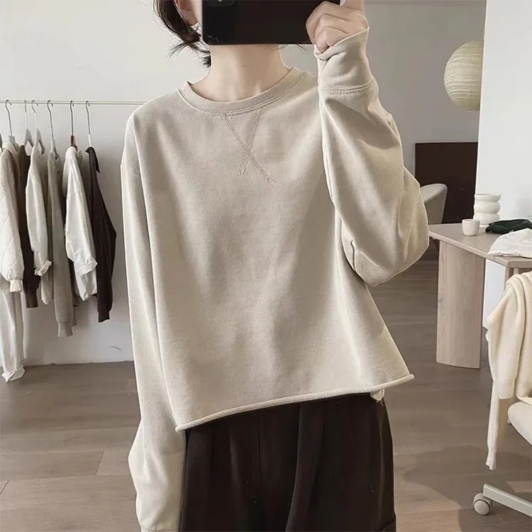 简约卫衣外套女士春秋季新款宽松显瘦韩版基础款圆领减龄纯色上衣