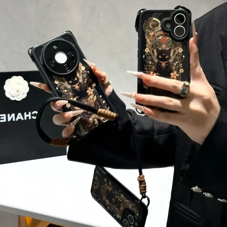 招财黑猫四角防摔挂绳适用iPhone17苹果16华为vivo小米oppo手机壳