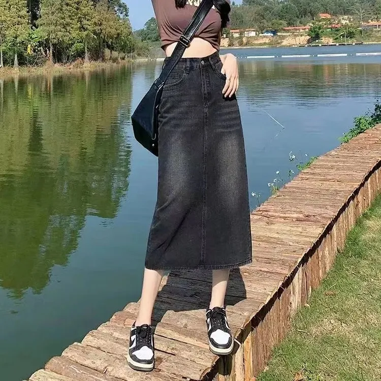 复古开叉牛仔短裙半身裙女夏季新款中长款过膝高腰显瘦a版包臀裙