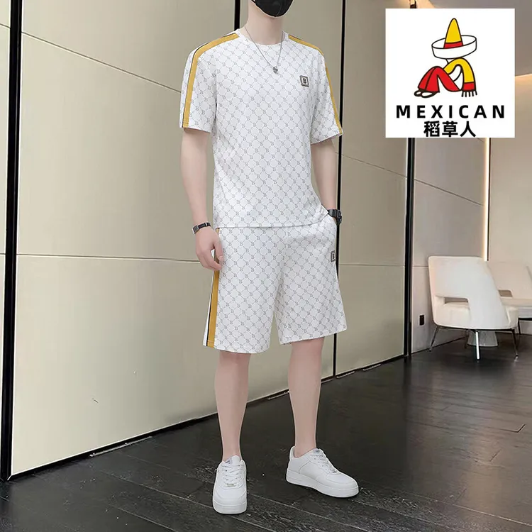 稻草人新款冰丝t恤百搭男时尚休闲套装显瘦两痞帅男装夏季潮流
