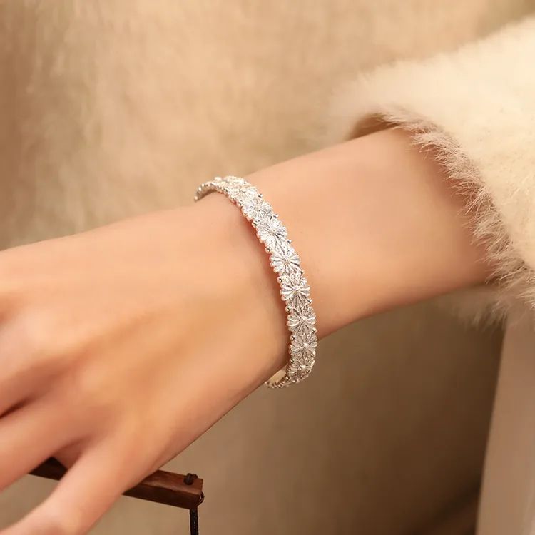 心草 足银手镯 女雏菊999纯银镯子清冷感素款情人节送女友礼物