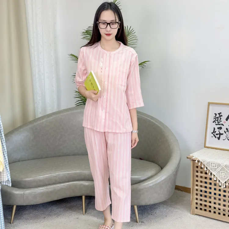 【新中式双层纱】销量过万100%棉全棉纯棉夏季女士纯色睡衣女套装  