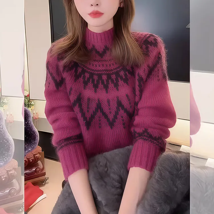 紫色重工提花针织打底衫内搭女装秋冬新款上衣宽松慵懒半高领毛衣